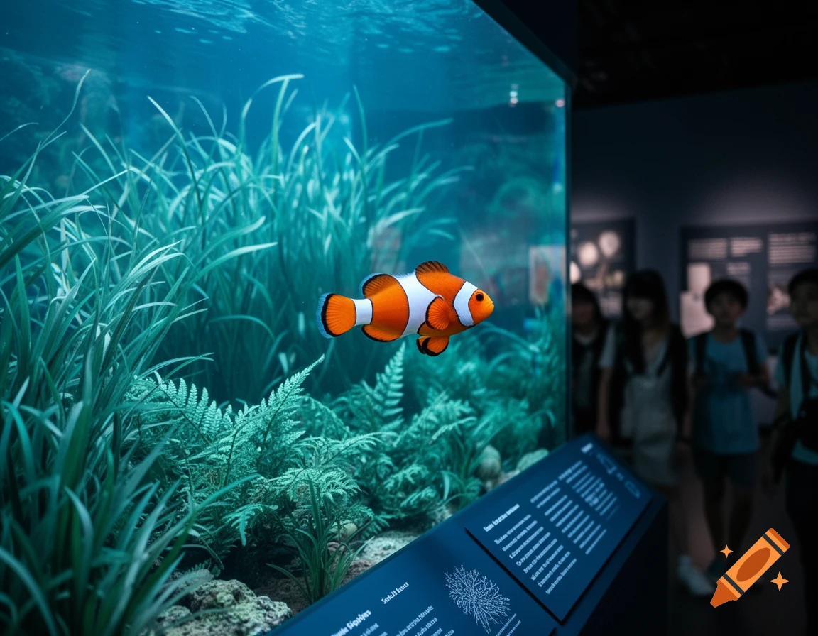 A brightly colored clownfish swims in a verdant aquarium tank at a natural history museum, with blurred visitors in the background.