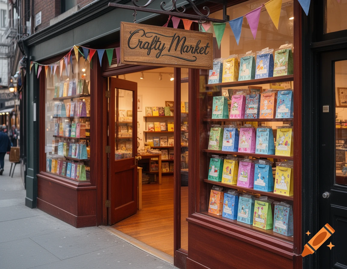 A photorealistic 'Crafty Market' storefront with a wooden sign, colorful paper blind bags in the window, and an open door.
