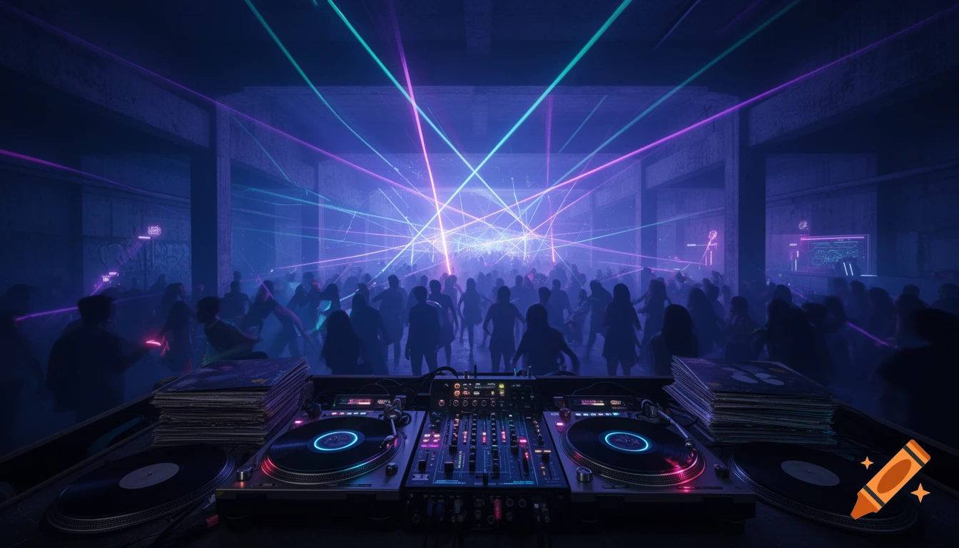 Photorealistic image of a dark underground rave with a DJ booth, glowing mixer, laser lights, and dancing crowd silhouettes.