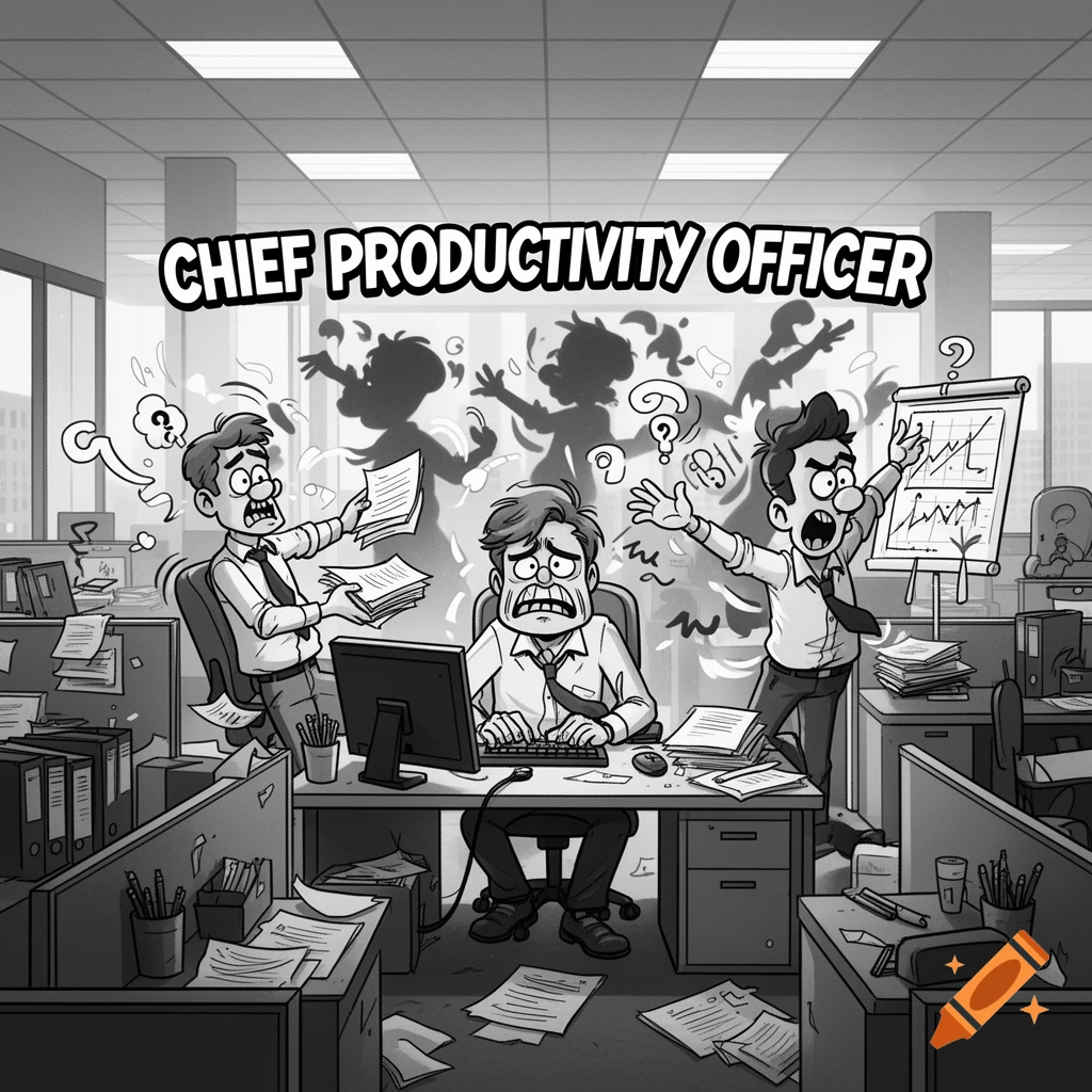 Black and white cartoon of a chaotic office with stressed workers and "CHIEF PRODUCTIVITY OFFICER" text.
