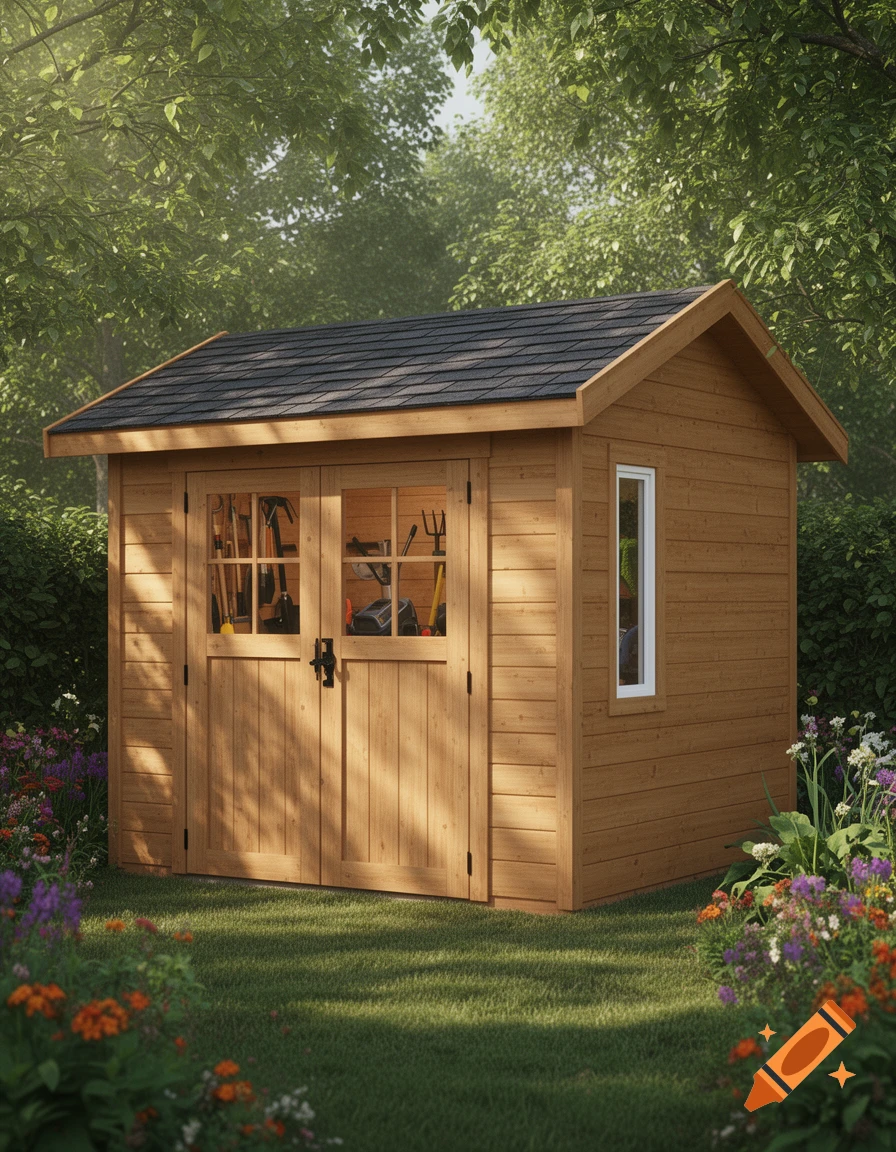 A rustic wooden shed with a dark shingle roof stands in a lush green garden filled with colorful flowers under a bright sky.
