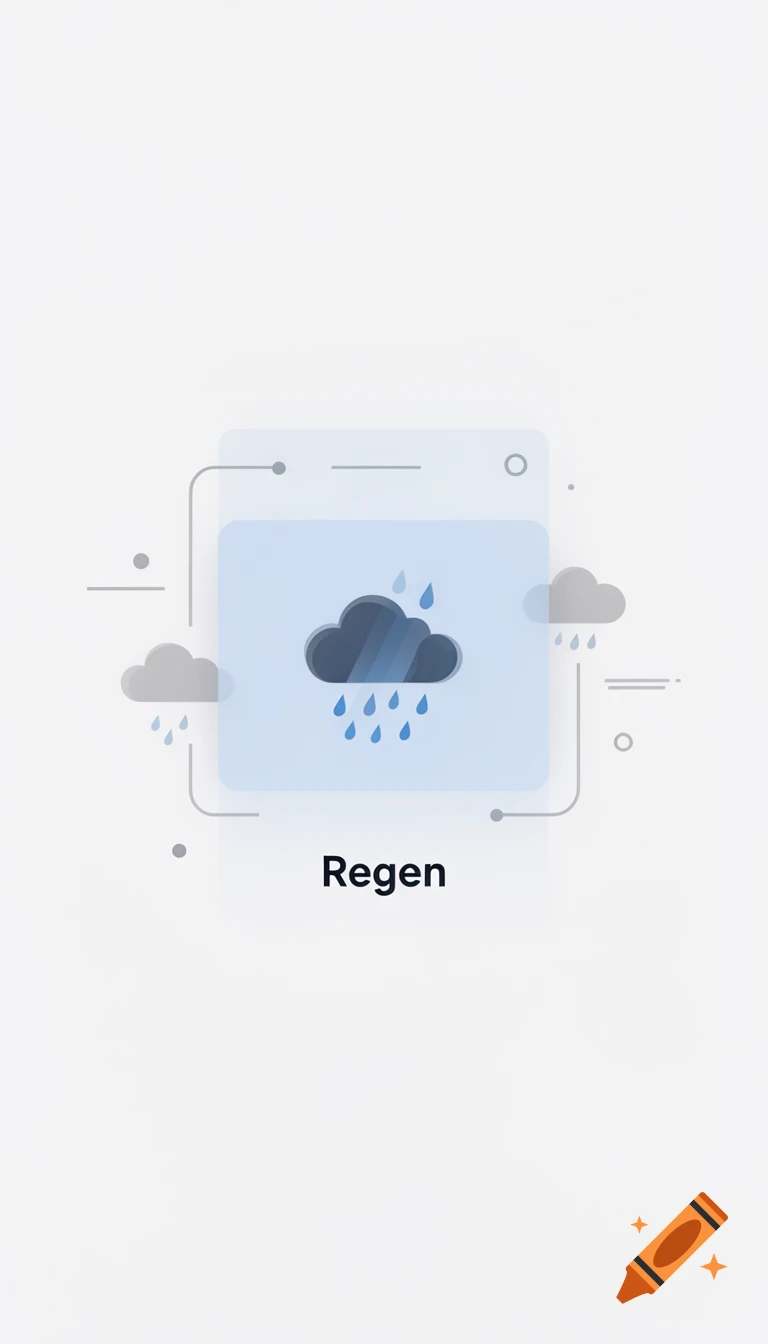 Minimalist illustration of a weather app UI with a dark cloud and blue raindrops over the word 'Regen'.