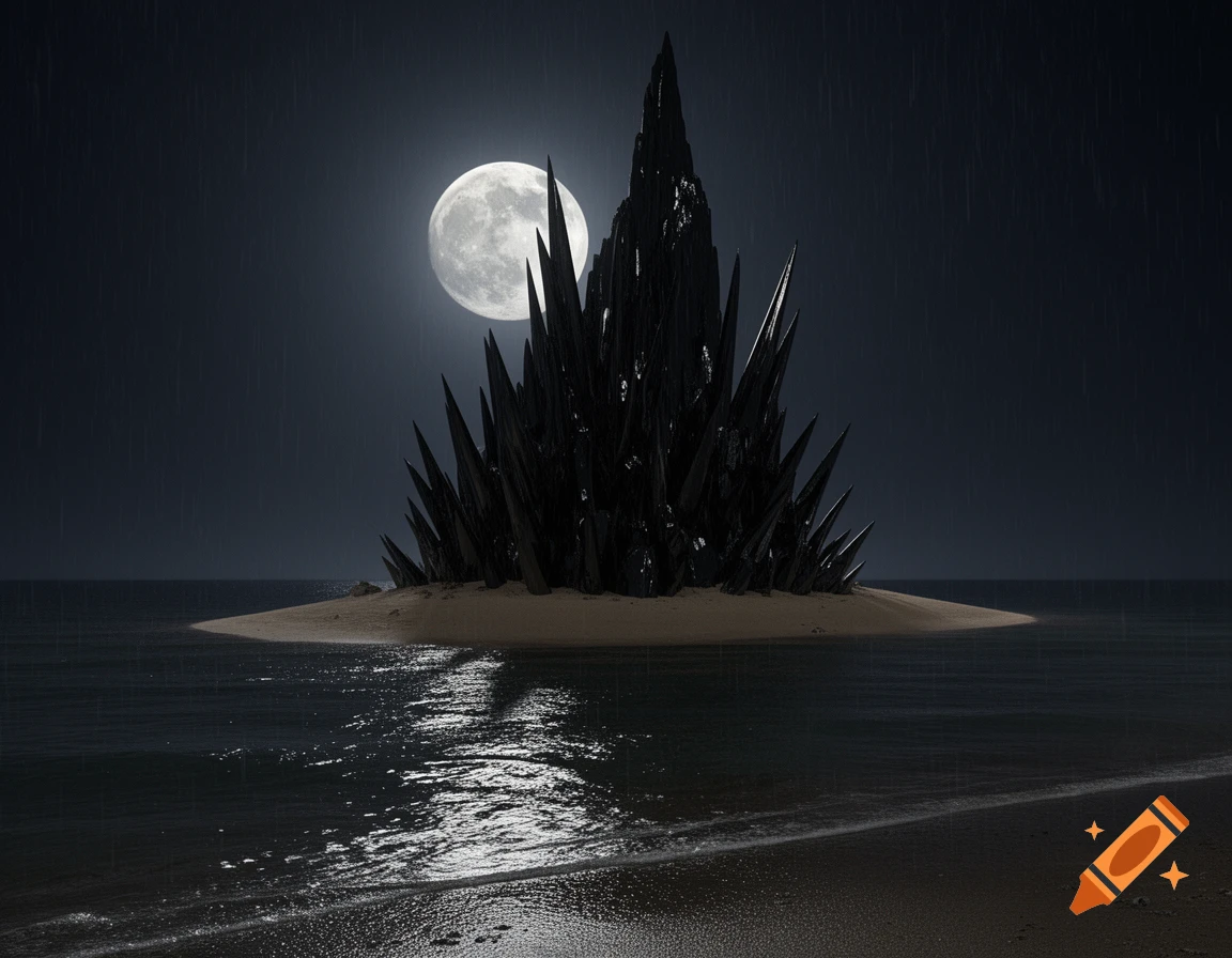 A dark, spiky rock formation on a small sandy island under a full moon and rain at night.