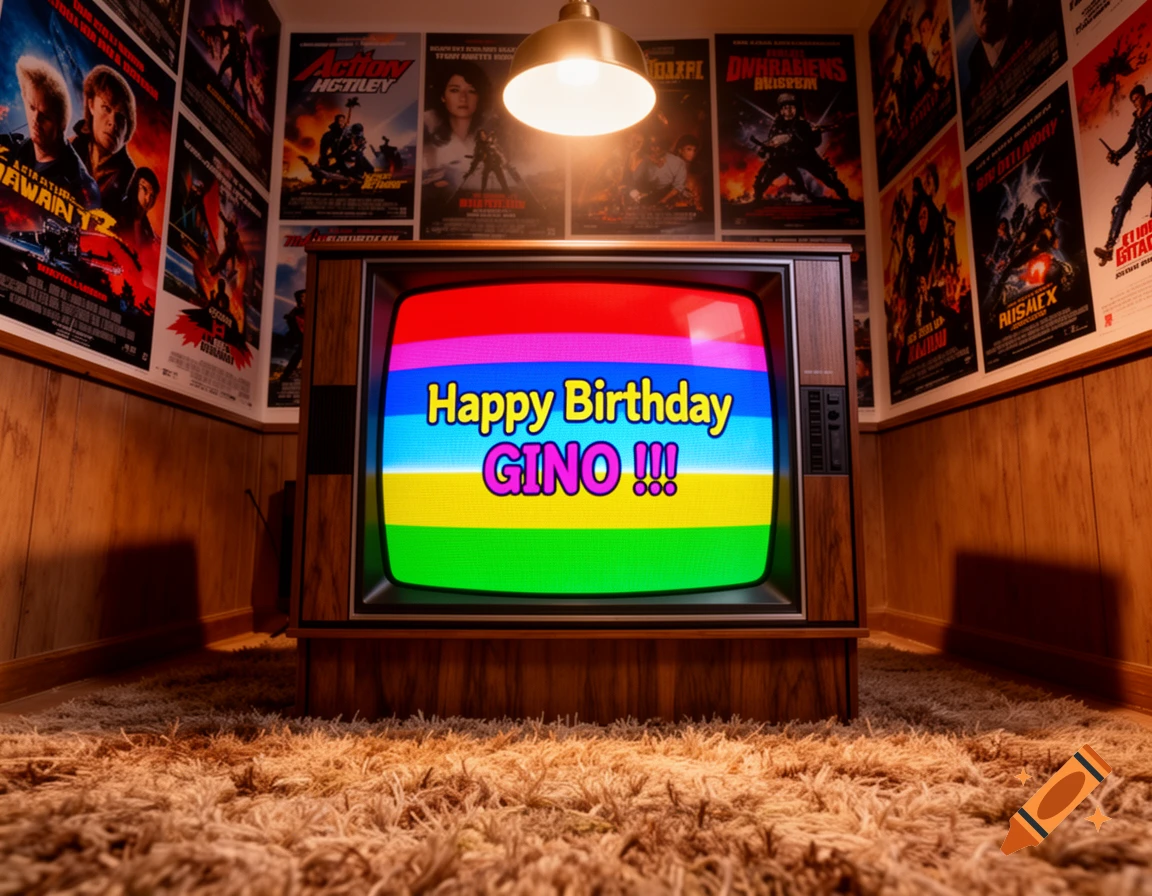 A retro living room with a vintage television displaying a rainbow test pattern and the text "Happy Birthday GINO !!!". Movie posters decorate the wood-paneled walls above a shaggy carpet.