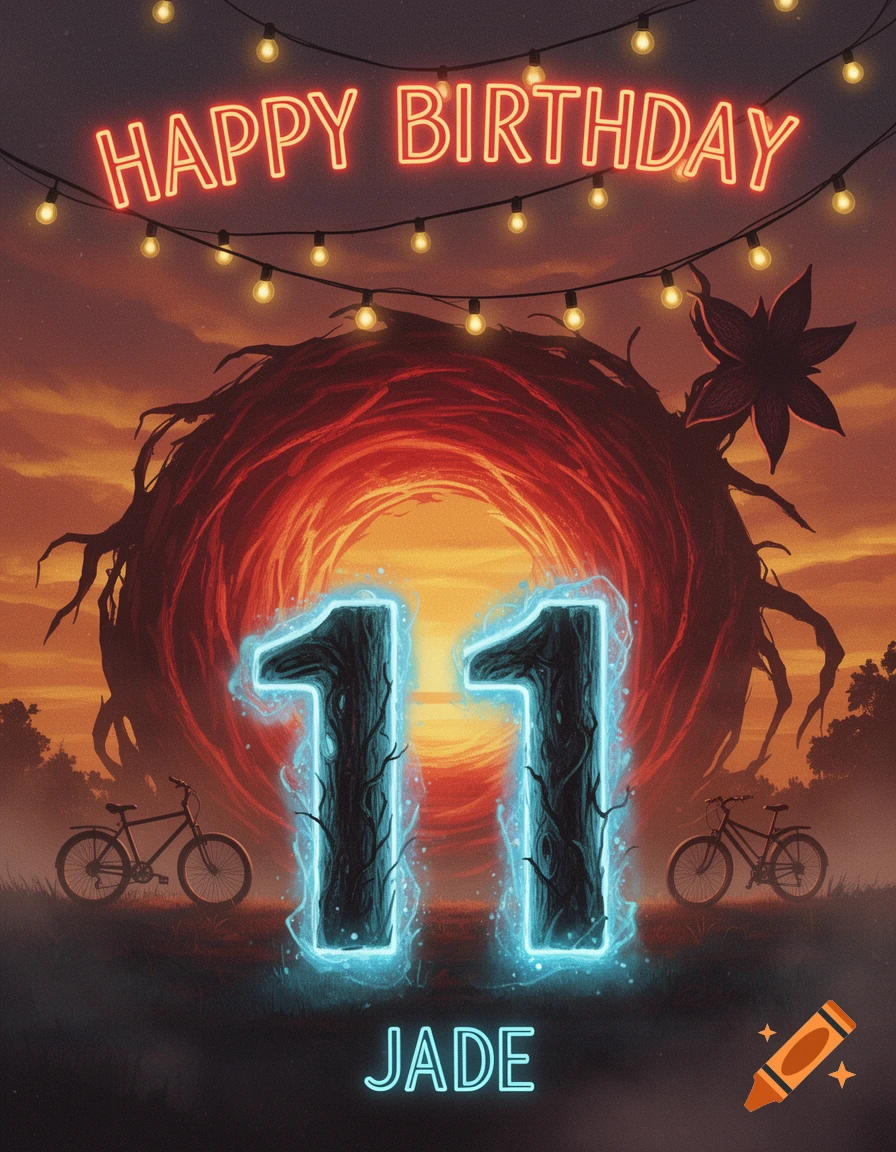 A Stranger Things-themed birthday card featuring glowing 'HAPPY BIRTHDAY', '11', and 'JADE' text, set against a fiery Upside Down portal and two bicycles.