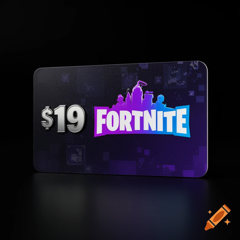 A dark purple and blue Fortnite gift card with "$19" and "FORTNITE" text, set against a dark background.