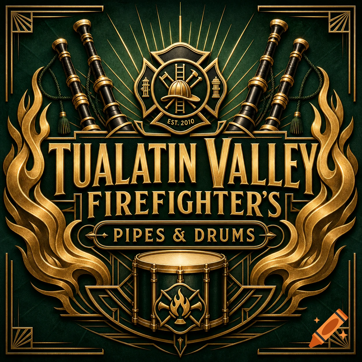 Ornate gold and emerald green art deco logo for 'Tualatin Valley Firefighter's Pipes & Drums' with bagpipes, a drum, and a Maltese cross.
