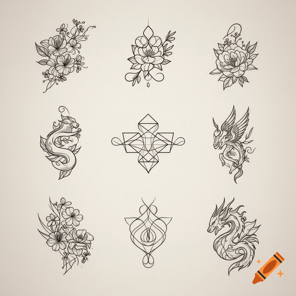 Nine black line art tattoo designs featuring floral patterns, dragons, a winged creature, and geometric shapes on a light background.