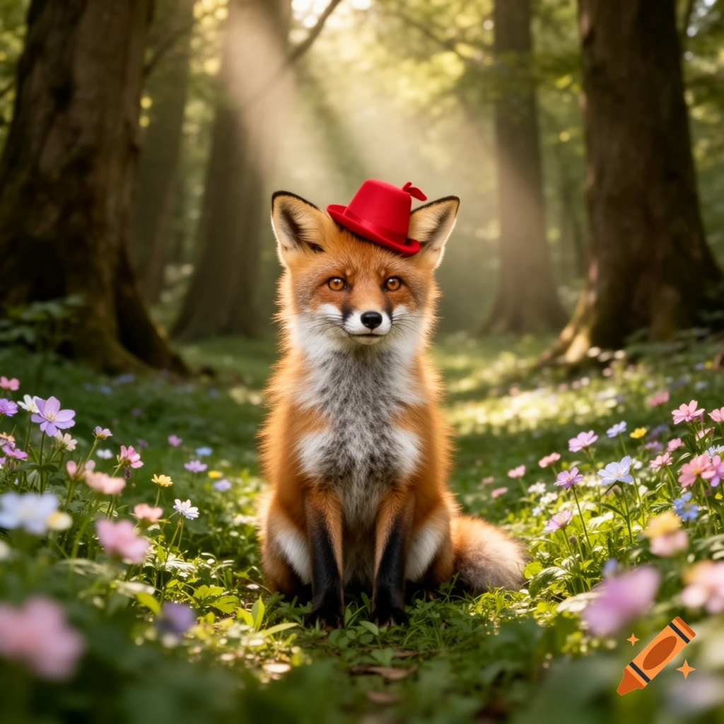 A photorealistic cute fox wearing a red hat sits in a sunny forest ...