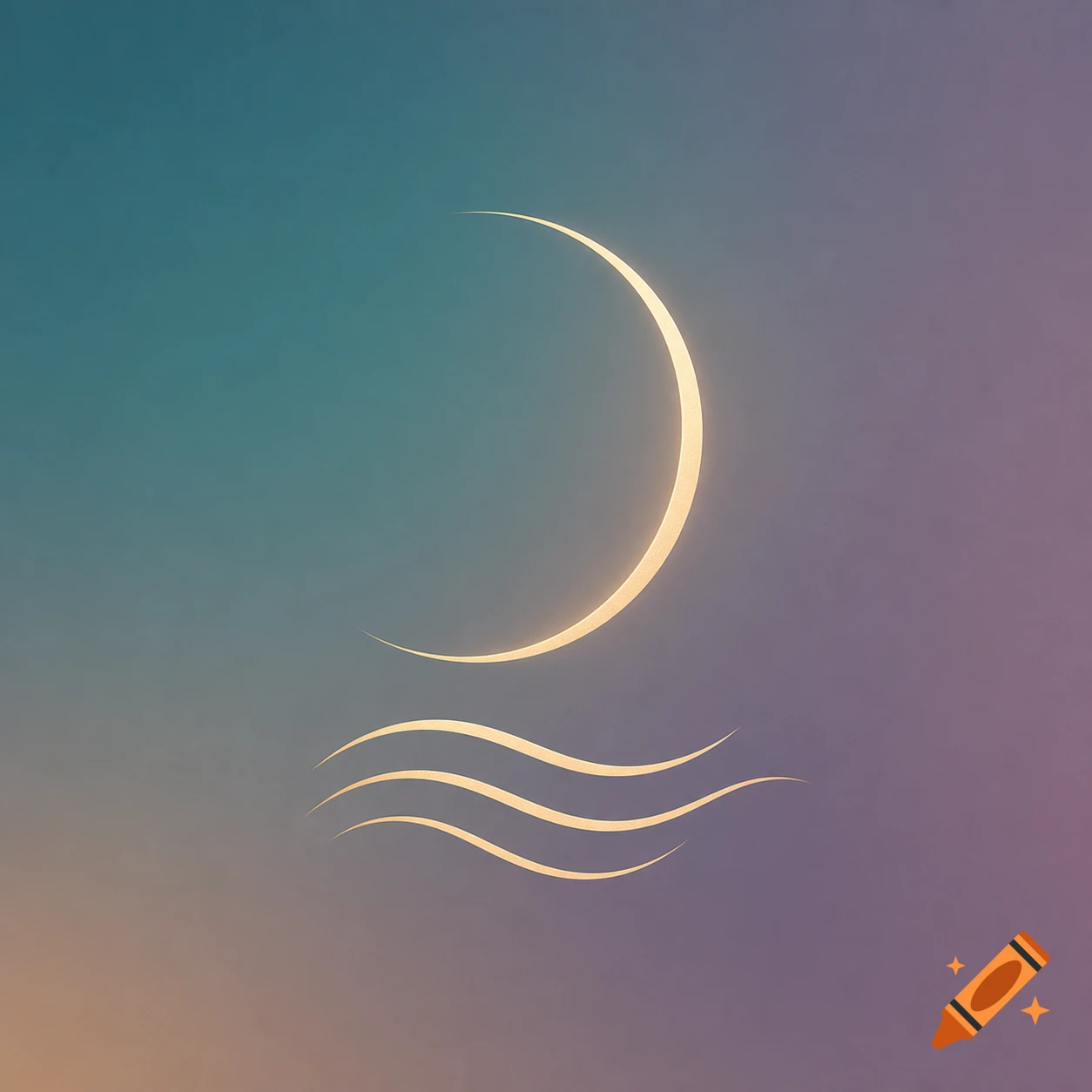 Minimalist logo with a glowing pale gold crescent moon above three wavy lines, on a soft teal and violet gradient background.