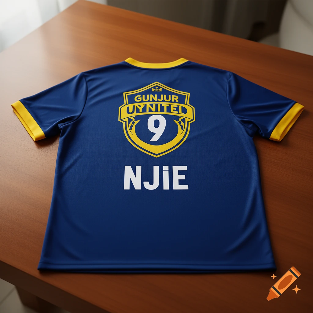 The back of a blue and yellow soccer jersey with "GUNJUR UYNITEL", number "9", and "NJIE" printed on it, lying on a wooden table.