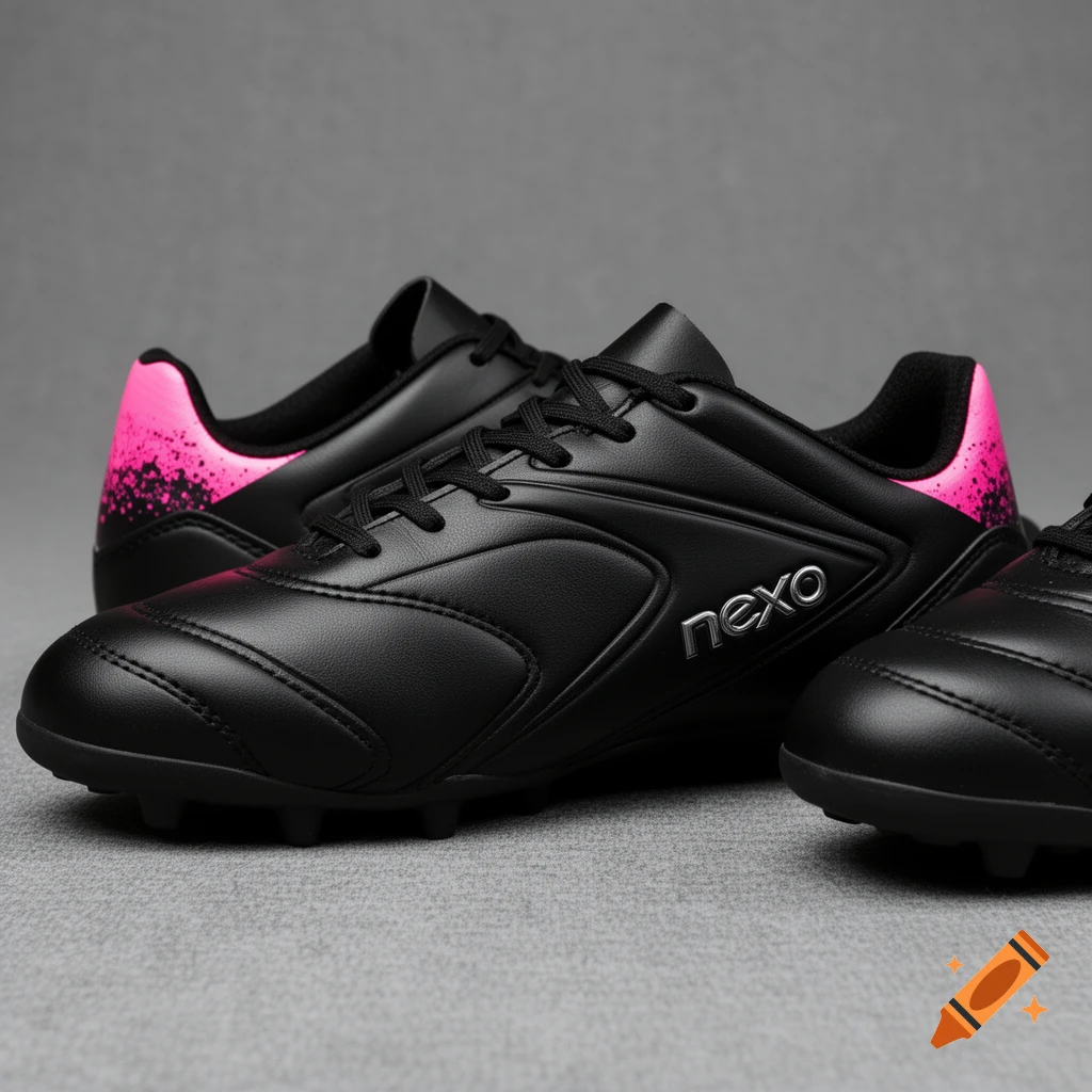 Close-up of black soccer boots with a silver 'nexo' logo and pink speckled accents on the heel, set against a grey background.