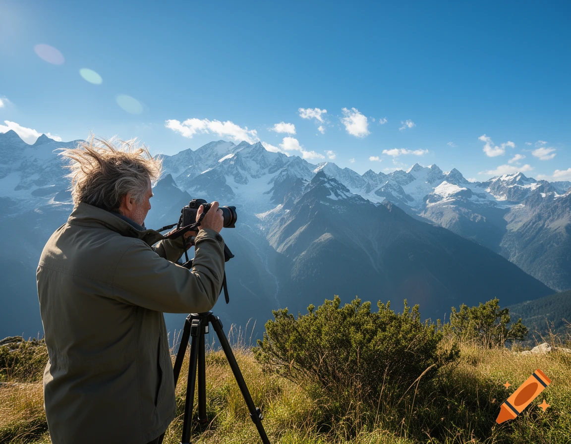 A photographer with a camera on a tripod, viewed from behind, captures a panoramic view of snow-capped mountains.