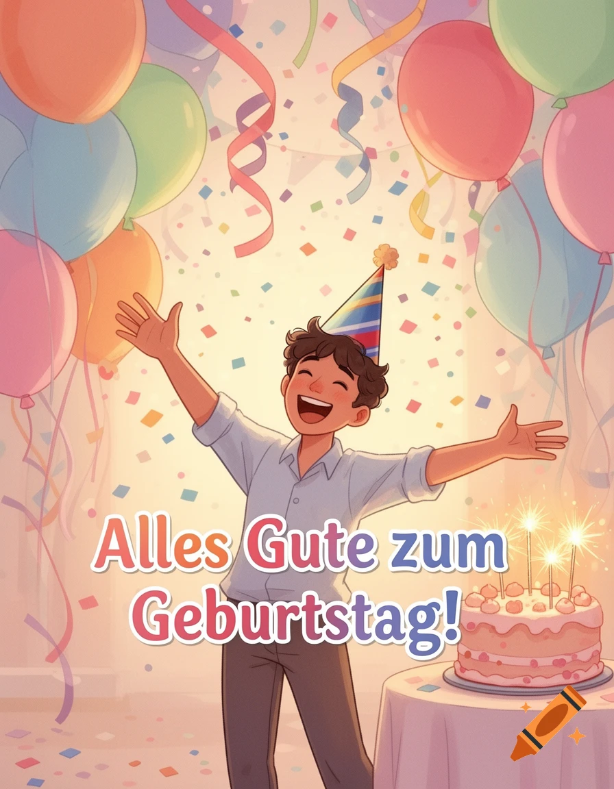 Joyful child in a party hat, arms outstretched, with balloons, confetti, and a birthday cake, text 'Alles Gute zum Geburtstag!' in a festive illustration.