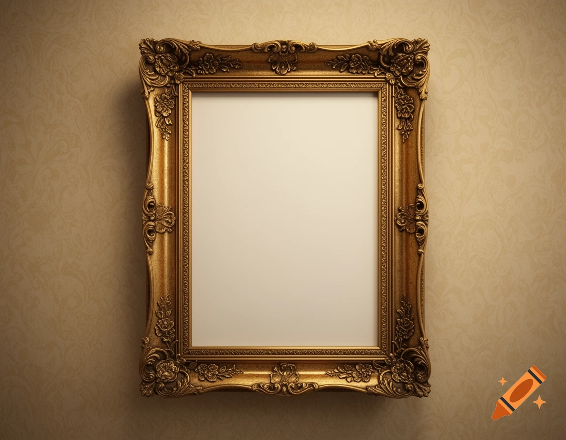 An ornate golden picture frame with an empty white space, hanging on a beige patterned wall.