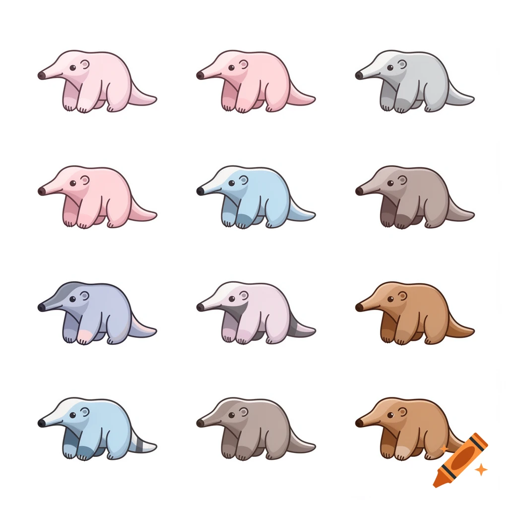 Nine cute cartoon anteater icons in varying shades of pink, blue, gray, and brown, arranged in a grid on a white background.