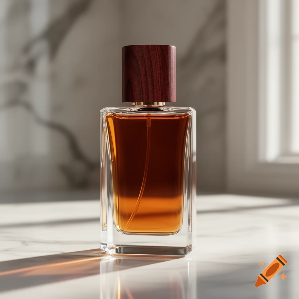 A rectangular glass perfume bottle with amber liquid and a dark wood cap on a white marble surface with natural light and shadows.