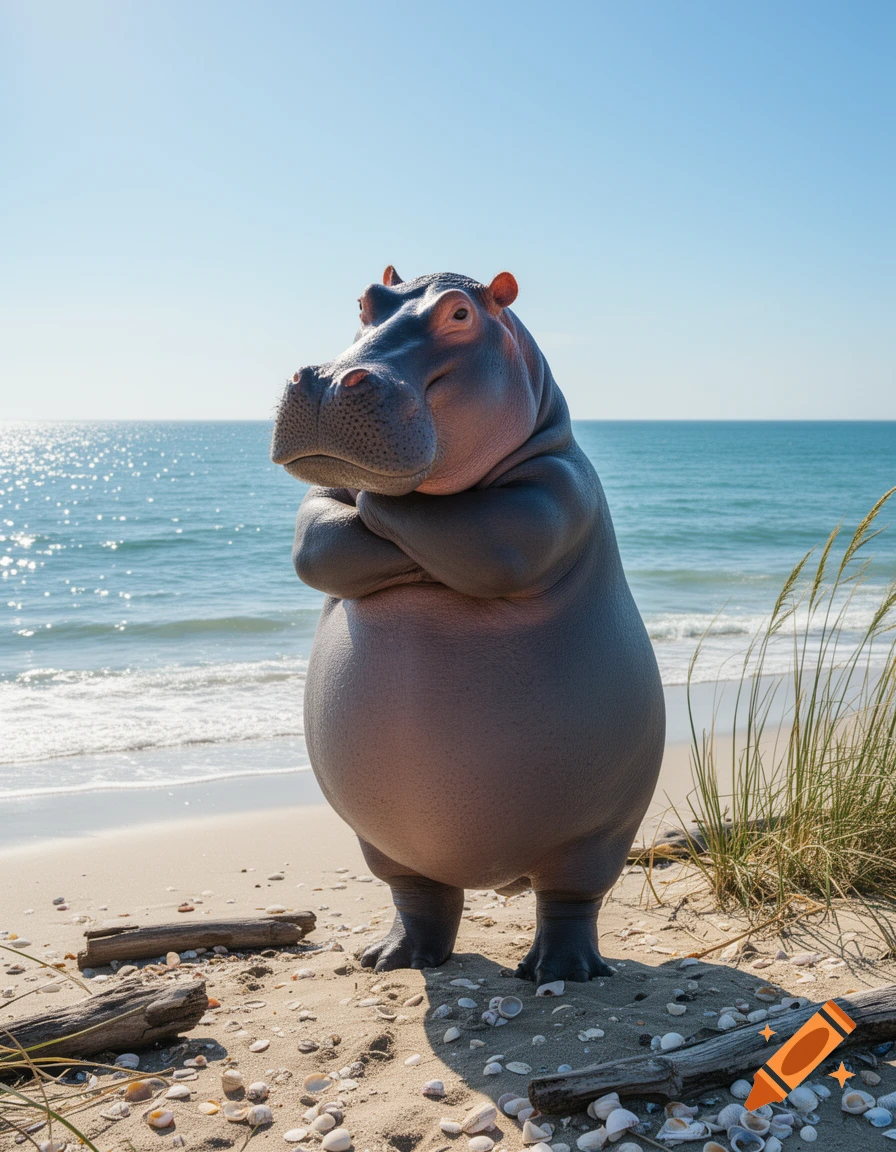 A photorealistic anthropomorphic hippo with crossed arms stands on a sandy beach, facing forward, with the ocean and clear sky behind it.