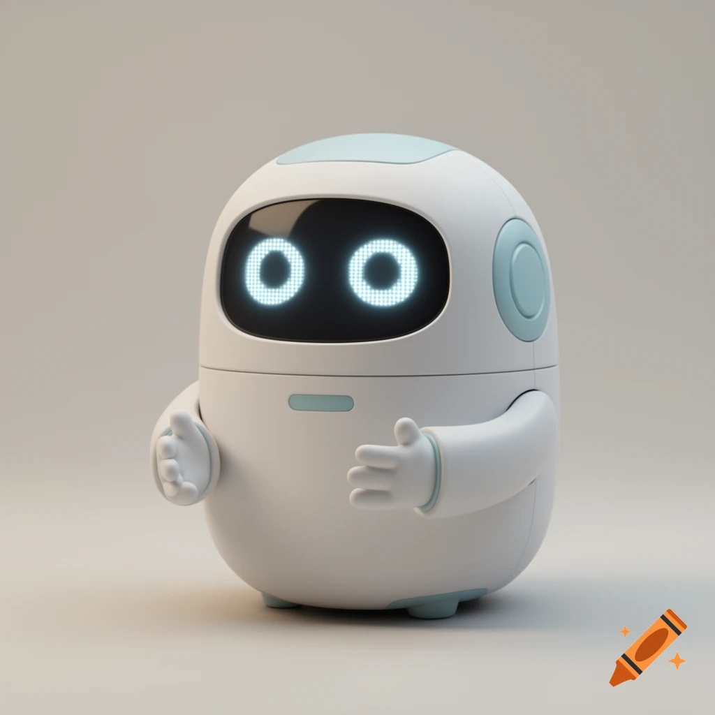 A minimalist 3D rendered small, round, white and pastel blue robot with large LED eyes, extending its hands in a welcoming gesture.