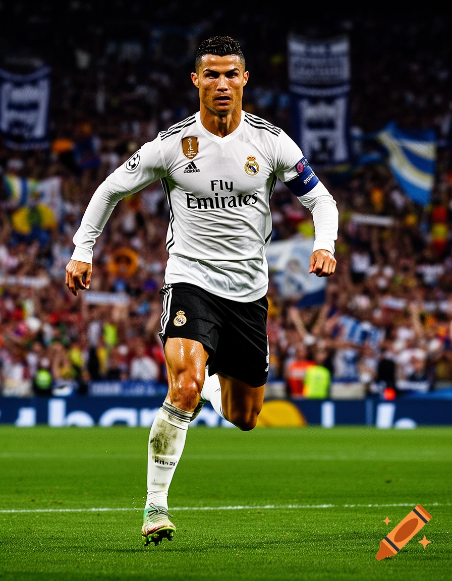 Cristiano Ronaldo in a white Real Madrid jersey and black shorts runs on a green soccer field during a match.