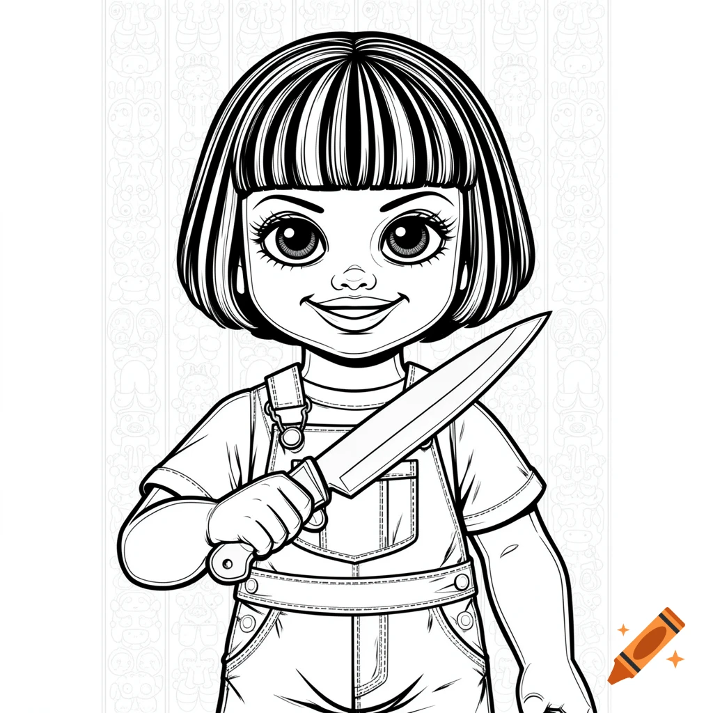 A black and white line art coloring page of a creepy vintage doll in a denim overall, smiling and holding a knife.