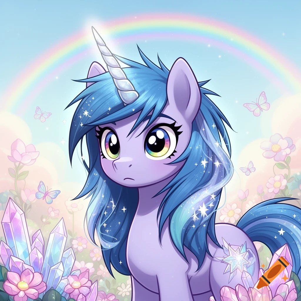 A cute purple unicorn with flowing blue hair and big, colorful eyes stands in a magical field of crystals and pink flowers under a rainbow.