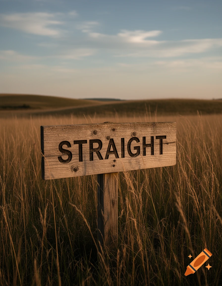 A wooden sign with the word 'STRAIGHT' carved into it stands in a sunlit field of tall grass under a blue sky.