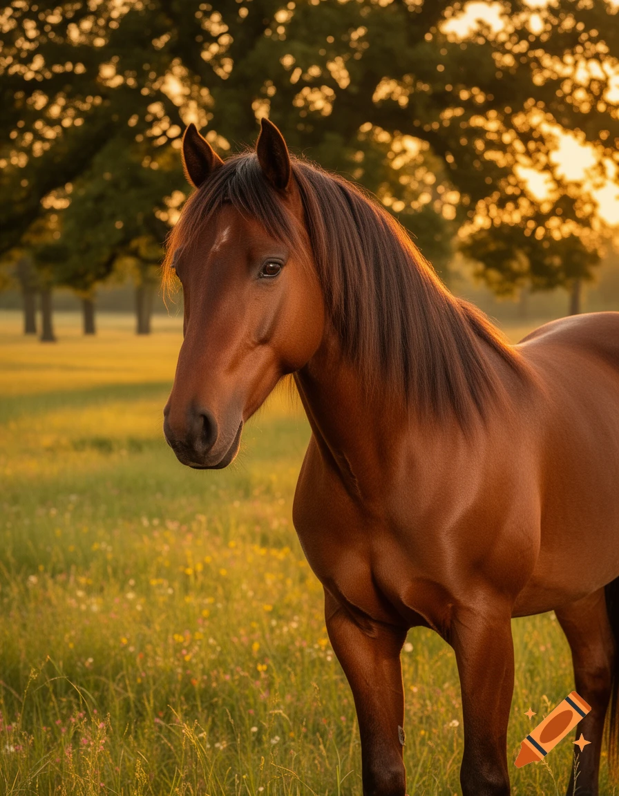 Photorealistic image of a brown horse standing in a sunlit grassy field with trees in the background.