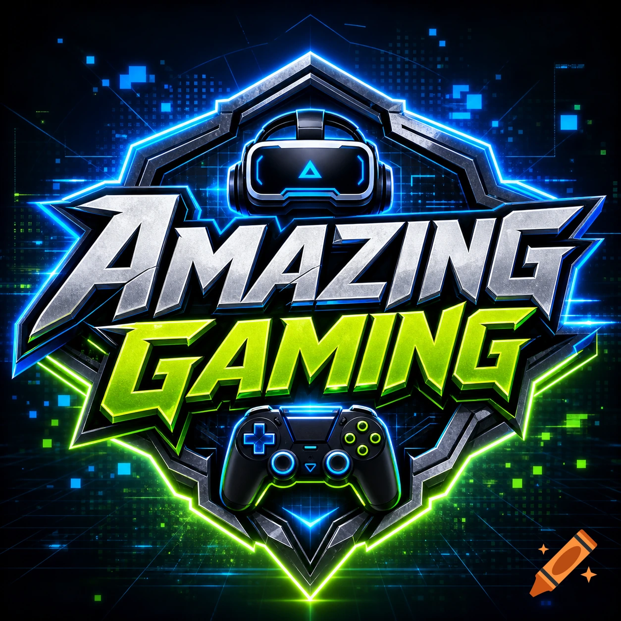 Metallic and neon futuristic gaming logo with 'AMAZING GAMING' text, a VR headset, and a game controller.