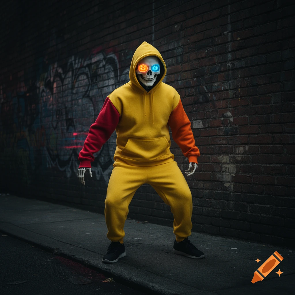 A stylized skeleton in a yellow, red, and orange hoodie stands on a sidewalk in front of a graffiti-covered brick wall.