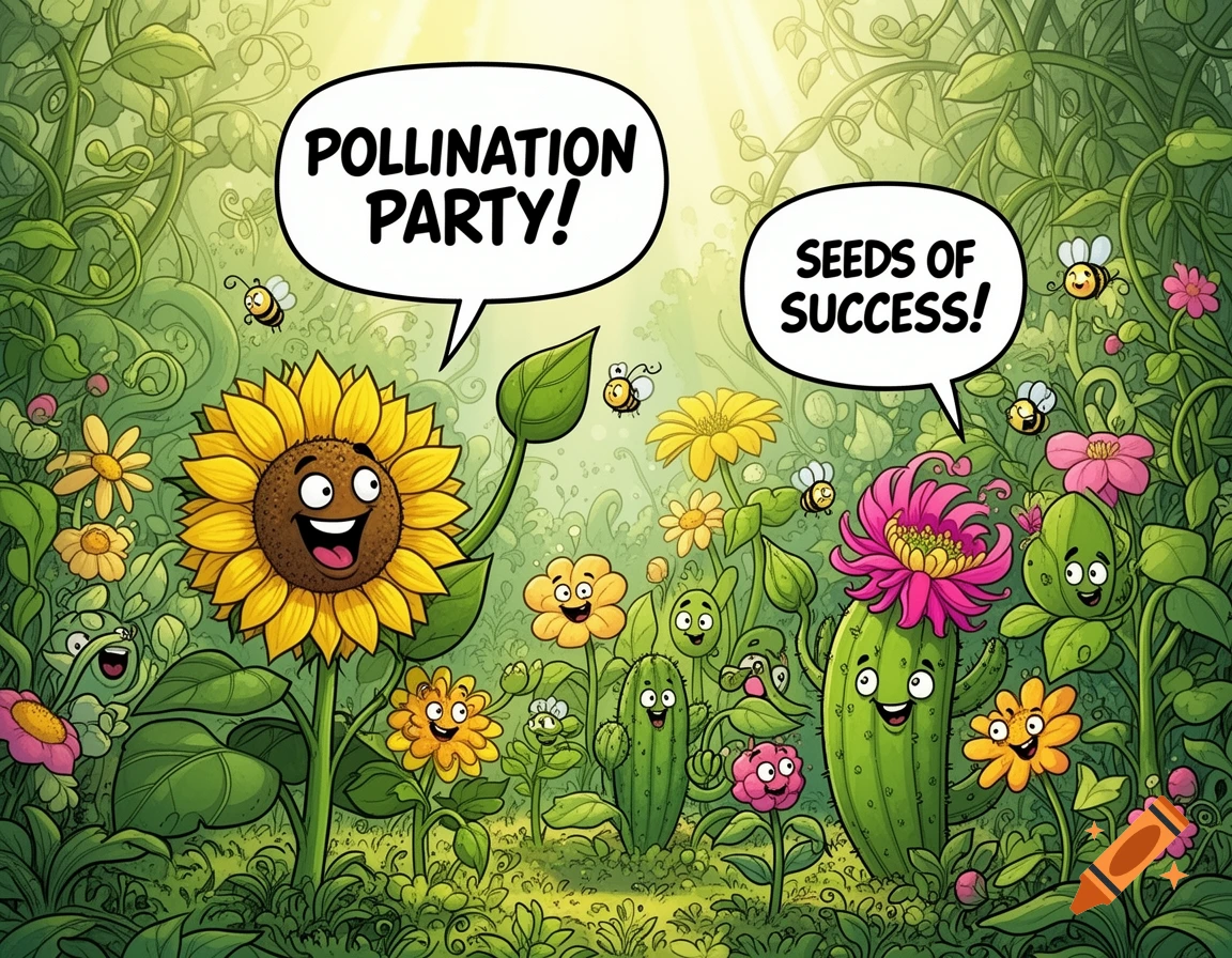 Cartoon plants and bees in a lush garden. A sunflower says "POLLINATION PARTY!" and a cactus says "SEEDS OF SUCCESS!".