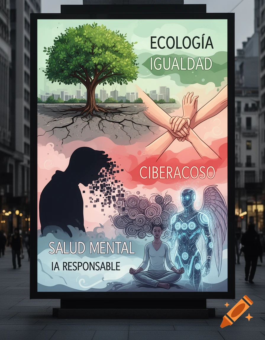 A social awareness poster on a city billboard with panels illustrating ecology, equality, mental health, and AI responsibility.