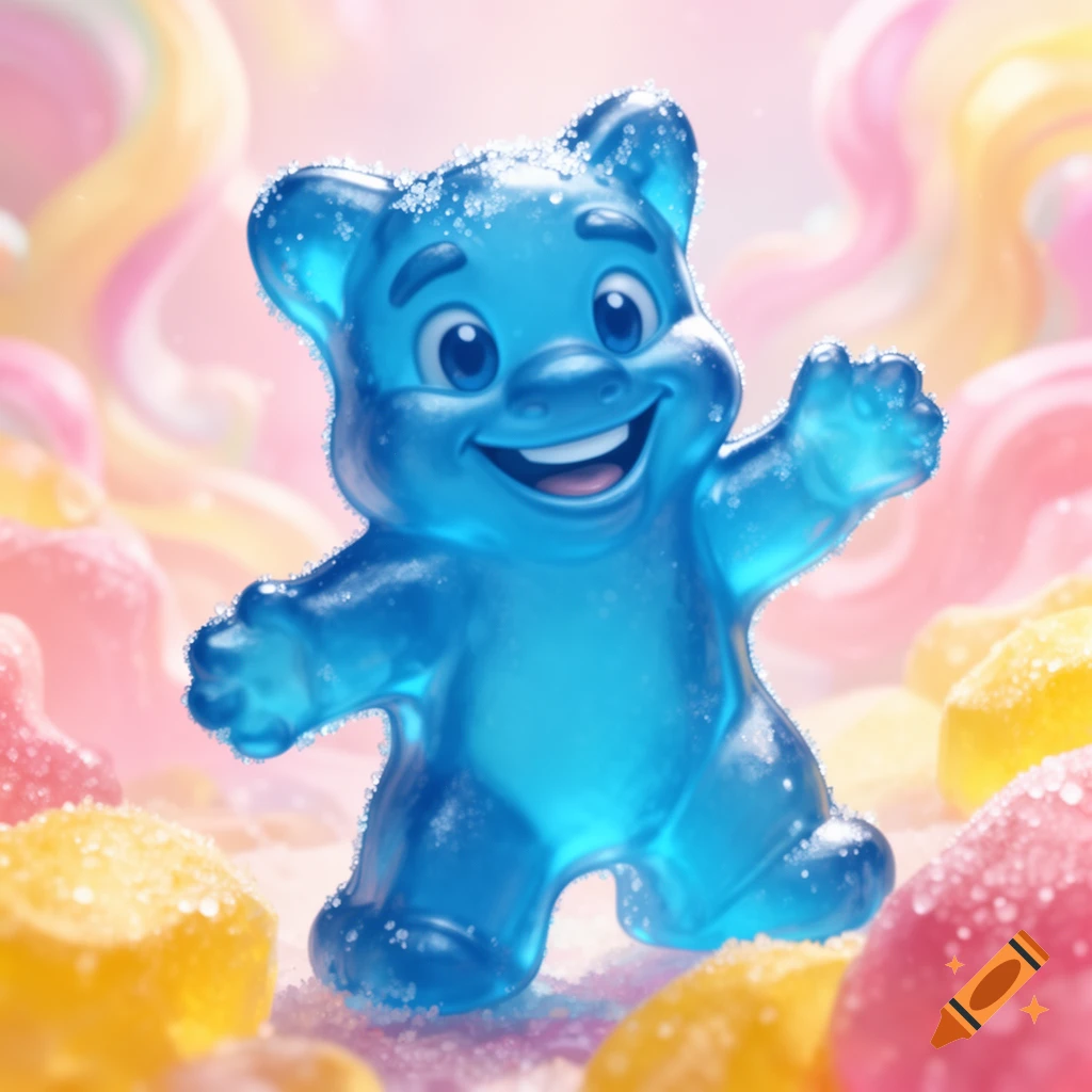 Smiling blue gummy bear covered in sugar crystals surrounded by colorful candies.