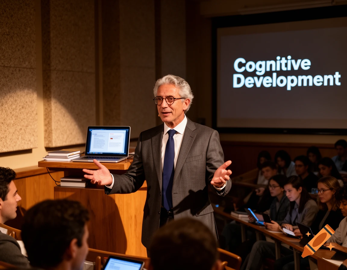 A professor in a suit and glasses lectures to students in a classroom, with 'Cognitive Development' on a large screen.