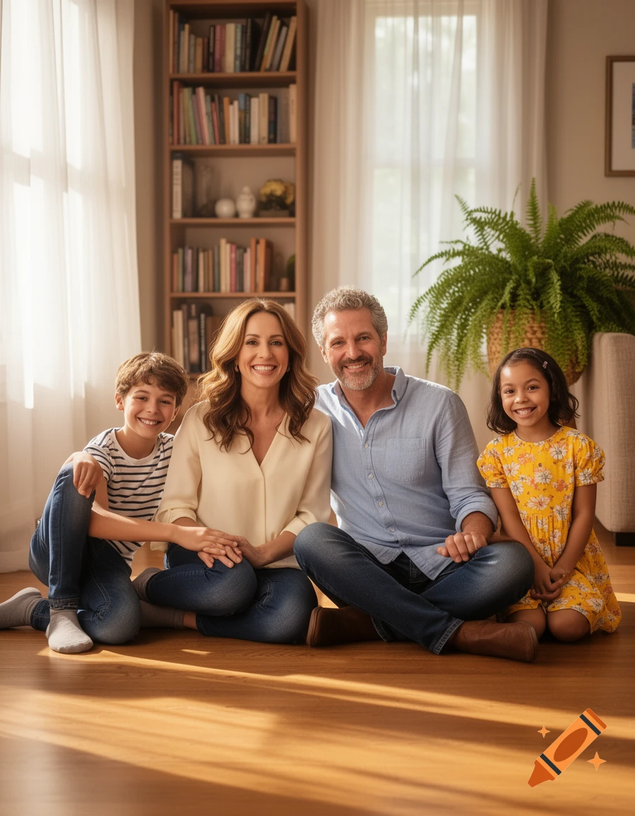 A smiling family of four, including two adults and two children, sits on a wooden floor in a sunlit room for a portrait.