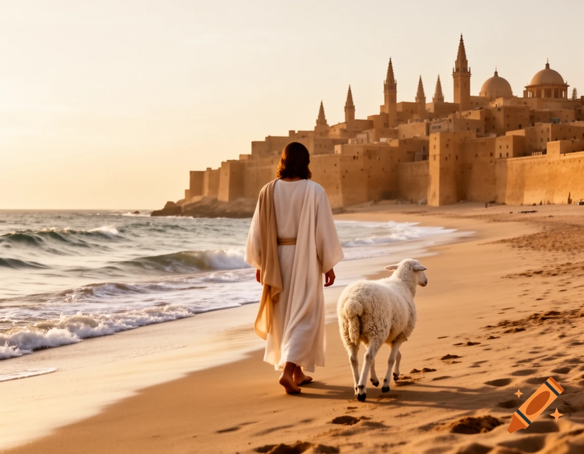 A man resembling Jesus walks on a sandy beach next to a lamb, with an ancient sandstone city and ocean in the background at sunset.