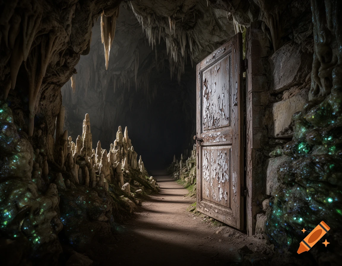 A dark, mysterious cave with an open, weathered wooden door, a path, glowing green moss, and rock formations.