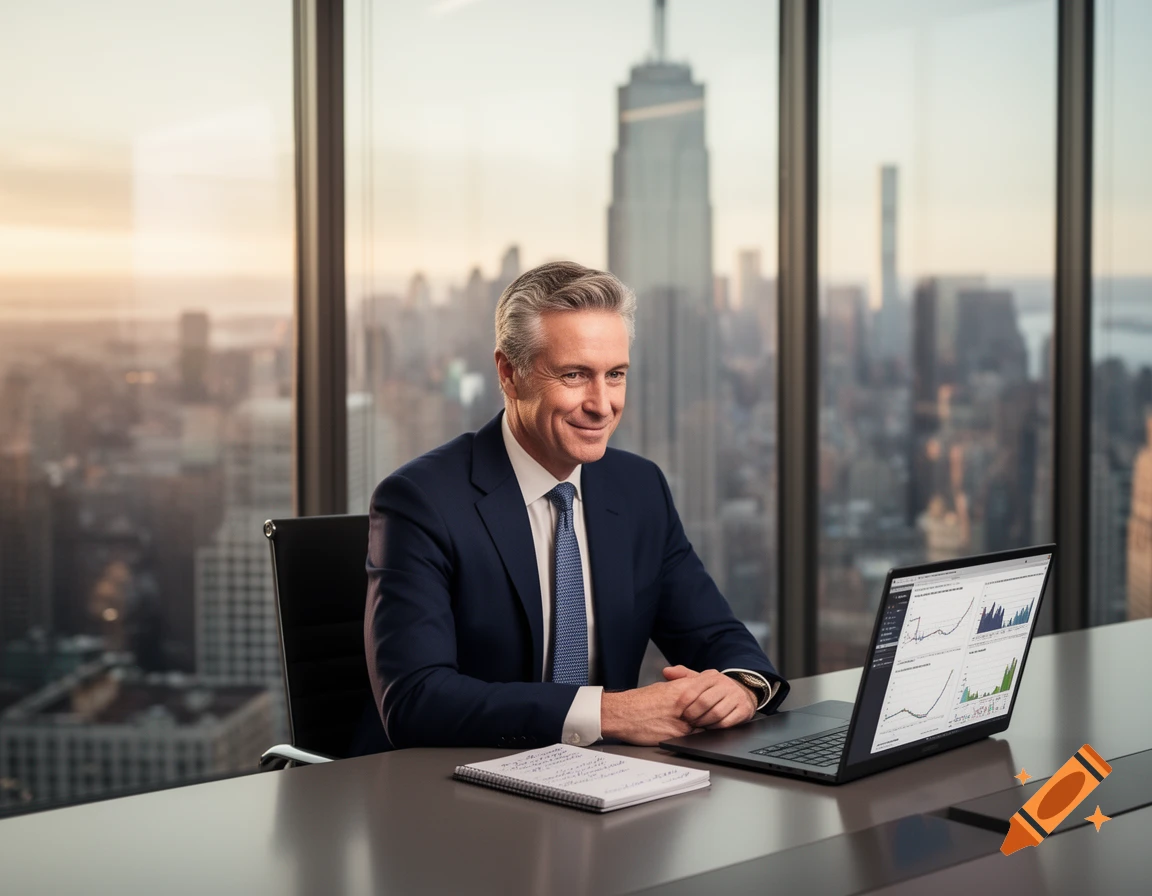 A smiling businessman in a suit looks at a laptop showing graphs in a high-rise office with a city view.