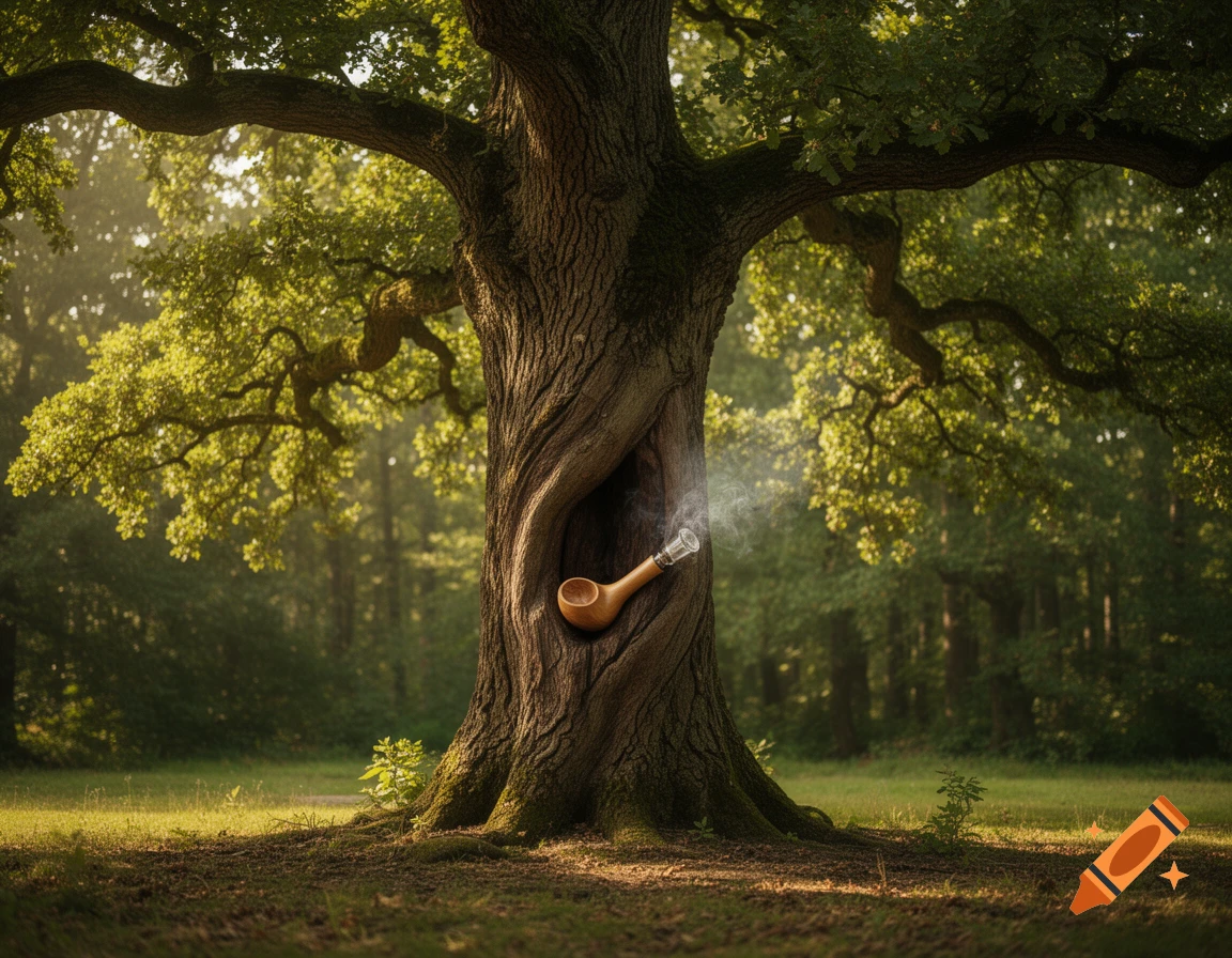 A large, gnarled oak tree in a sun-dappled forest, with a wooden pipe smoking from a hollow in its trunk.
