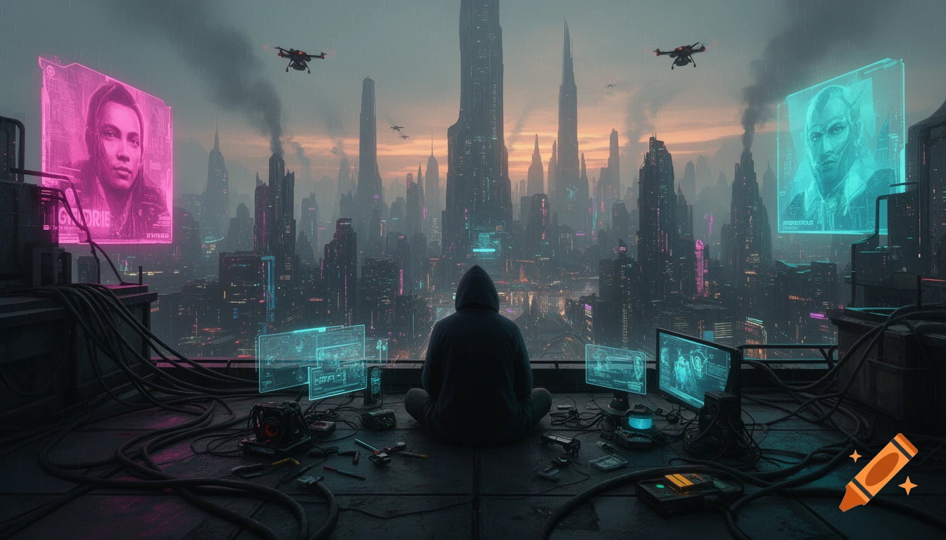 A hooded figure sits on a cable-strewn rooftop, overlooking a vast, neon-lit dystopian cyberpunk city at dusk with holographic screens and flying drones.
