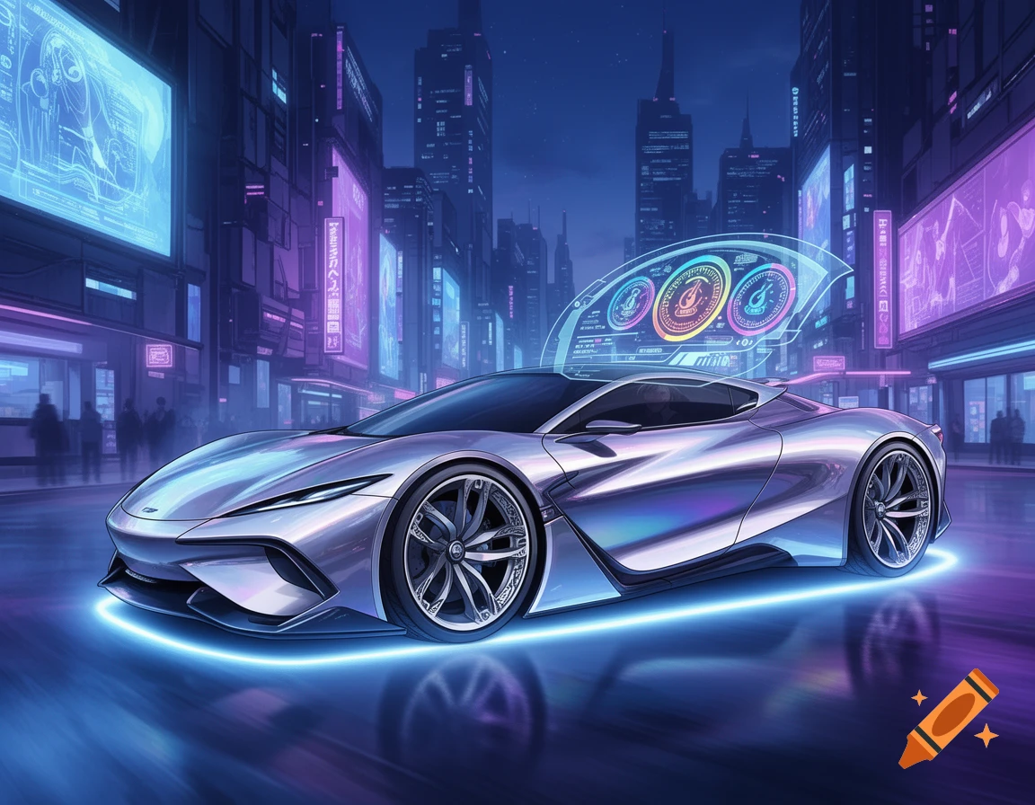 A sleek silver futuristic sports car with glowing blue lines drives through a neon-lit cyberpunk city at night, animated style.