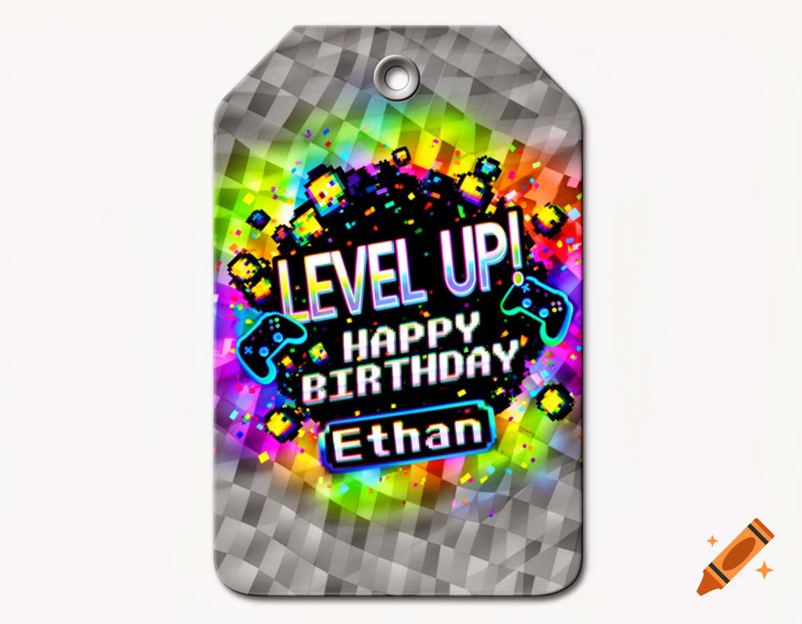 Gaming-themed birthday gift tag with 'LEVEL UP! HAPPY BIRTHDAY Ethan' text, colorful pixel art, and a gray checkered background.