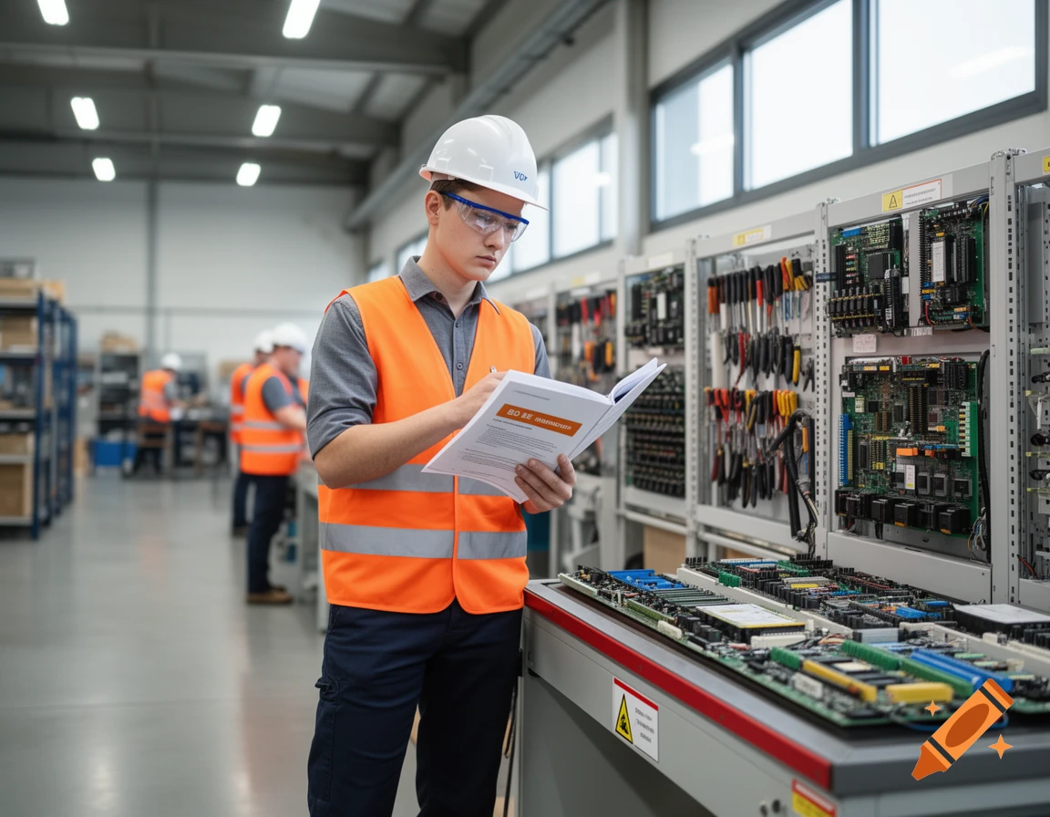 A young man in a hard hat, safety glasses, and an orange vest reads a book titled "B0 BE Maniouvr" in a bright industrial workshop filled with electronic equipment and tools.