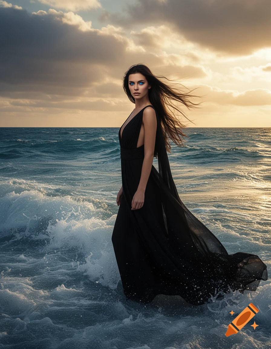 A woman with dark hair and striking blue eyes in a flowing black dress stands in the ocean with waves crashing around her at sunset.