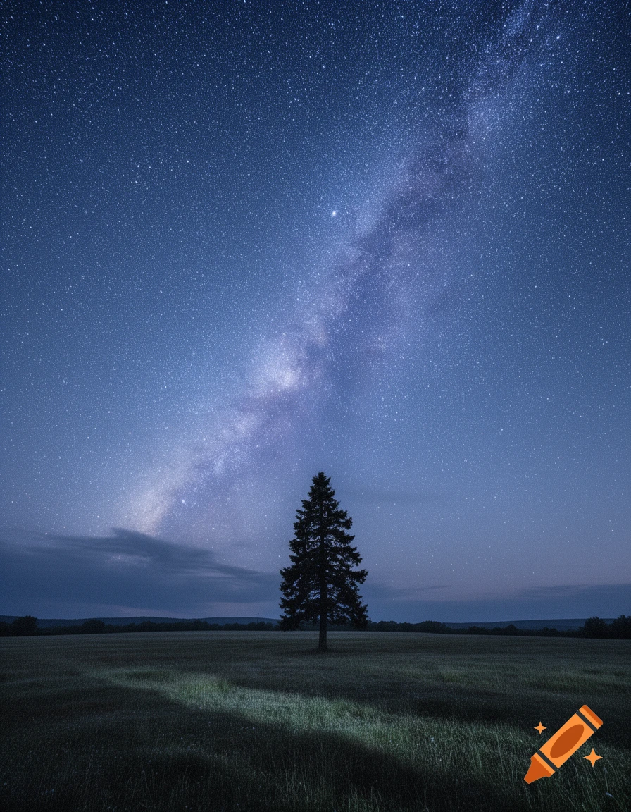 A solitary tree stands in a field under a vast night sky illuminated by ...