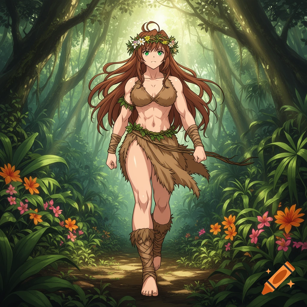 A muscular anime jungle girl with long brown hair and a flower crown walks on a lush jungle path.