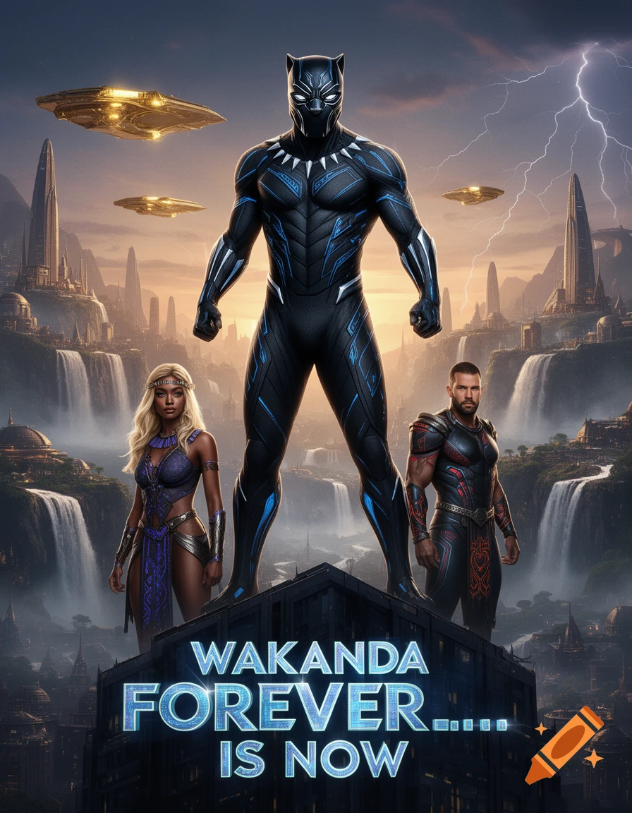 Black Panther stands prominently on a building in a futuristic Wakandan city with waterfalls, flanked by two other characters under a stormy sky with lightning. Text reads "WAKANDA FOREVER IS NOW".