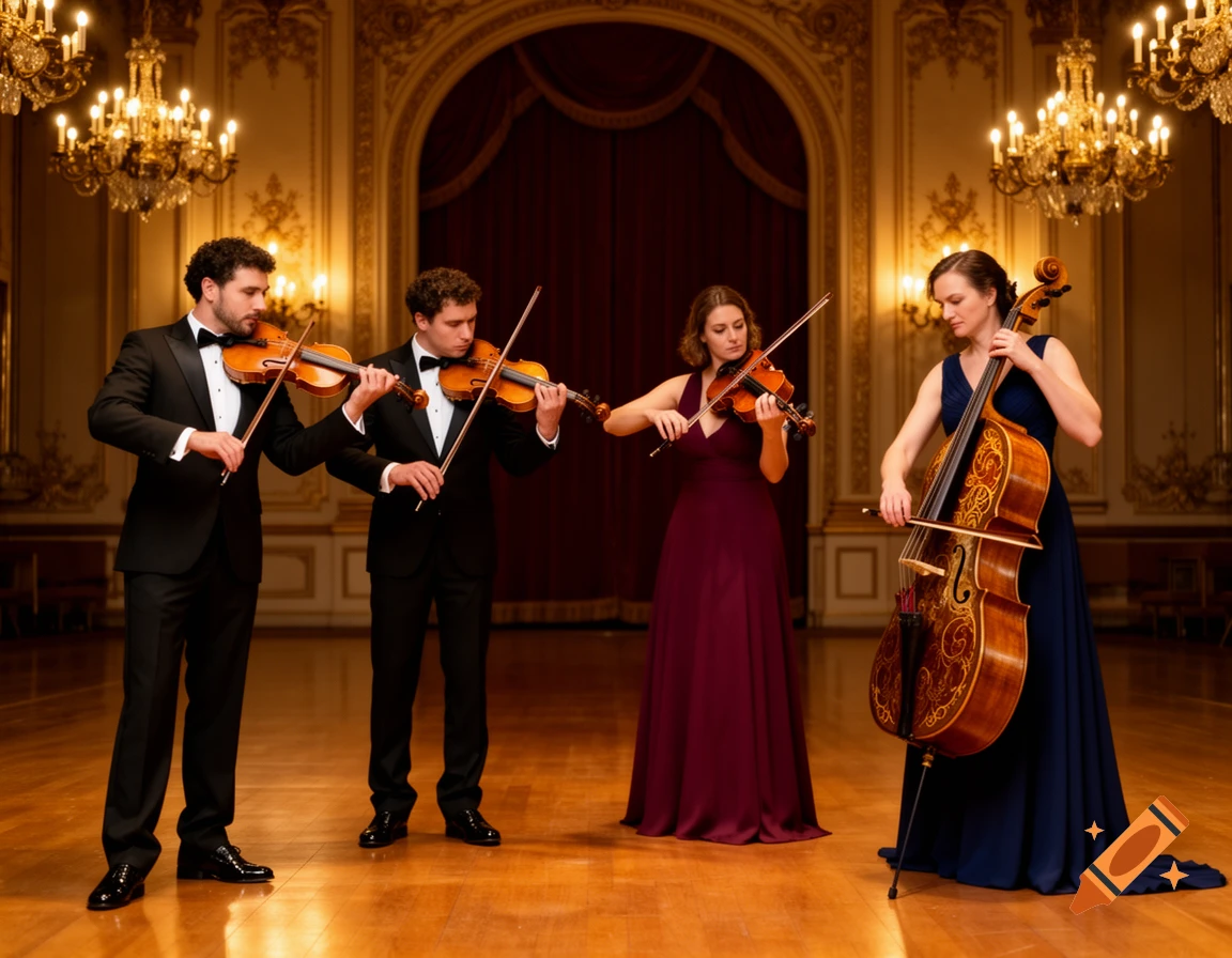 A classical music quartet, two men on violins, a woman on violin, and a woman on cello, perform in a grand hall with chandeliers.