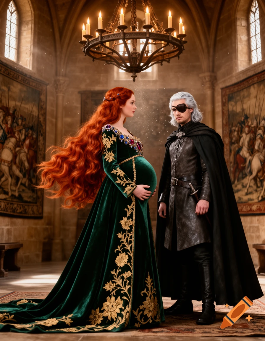 A pregnant woman with long red hair in a green and gold gown stands next to a man with an eye patch and silver hair, both in a grand castle hall.
