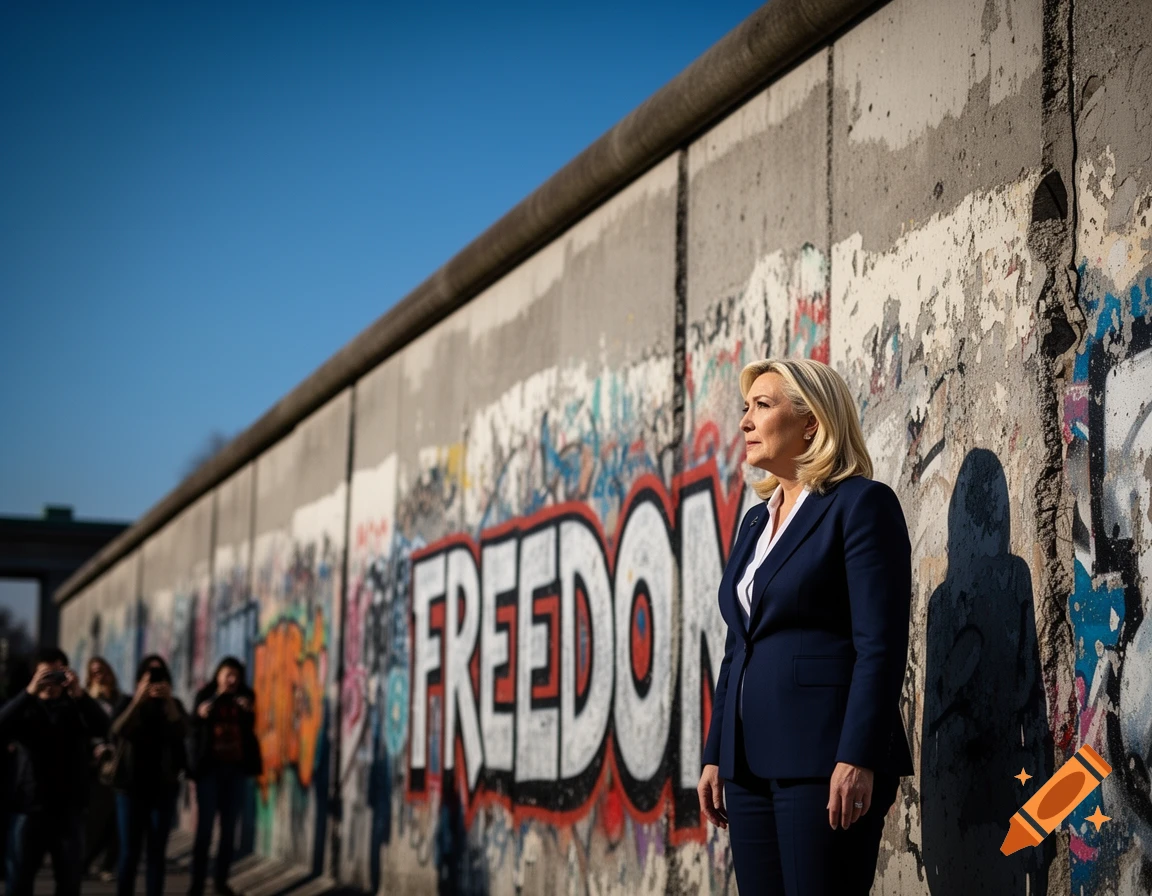 Marine Le Pen stands against the graffiti-covered Berlin Wall under a clear blue sky.